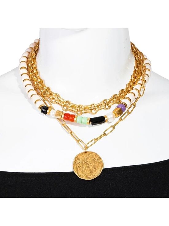 Jewelry - Hammered Disc Layered Bead Chain Necklace